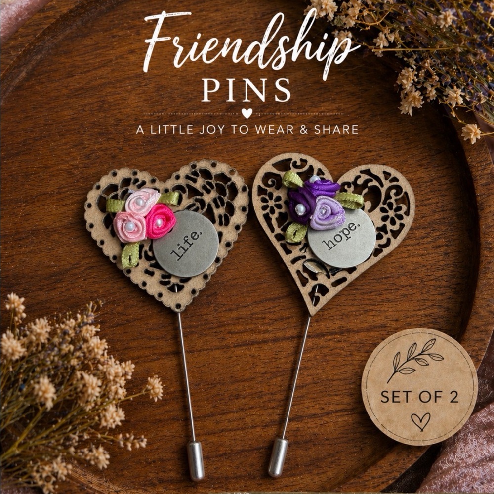 Artisan Friendship Heart Pin Set Shareable Life Hope Gift Pair Floral